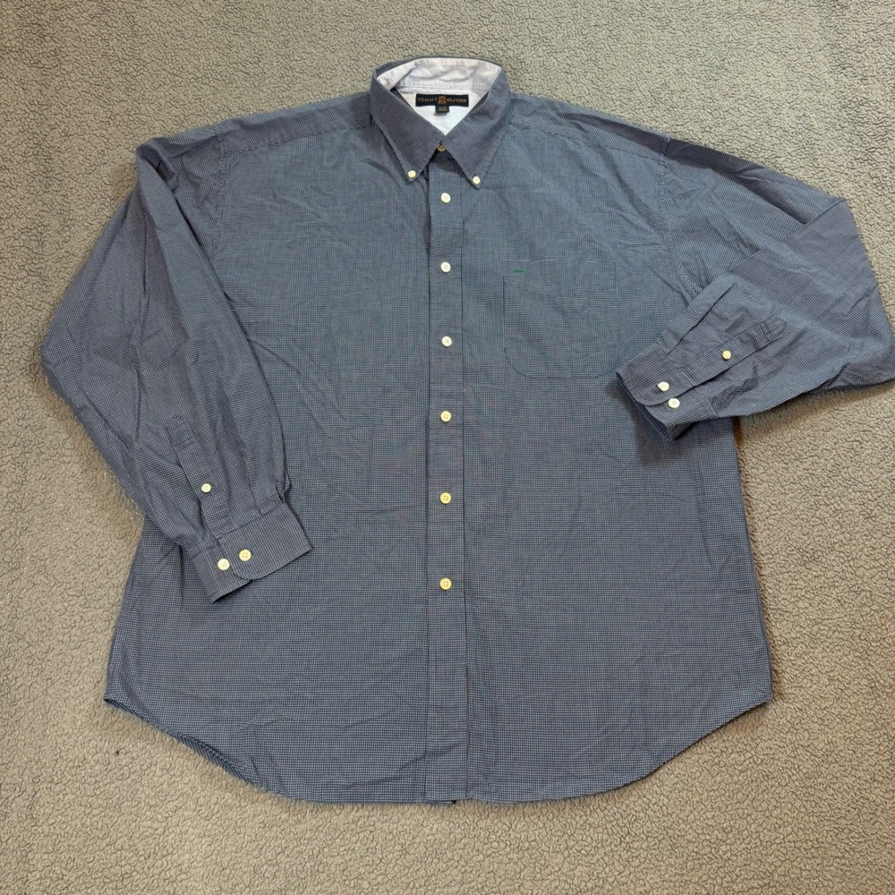 Tommy Hilfiger Golf Mens XL Button Down Shirt Navy Blue Micro Check Cotton
